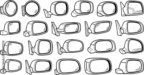 Bild auf Leinwand Automotive Car Side Mirrors Collection in Black and White Line Art Style