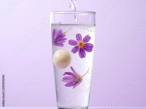 Elegant Floral Beverage Mocktail with Lychee and Purple Petals for Beauty Spa Mockup