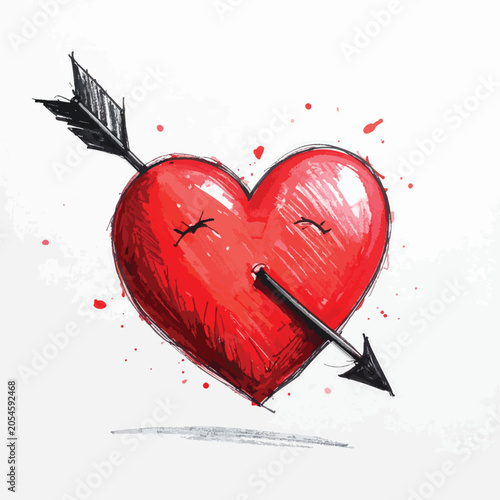 Hand drawn red heart pierced by an arrow illustration.