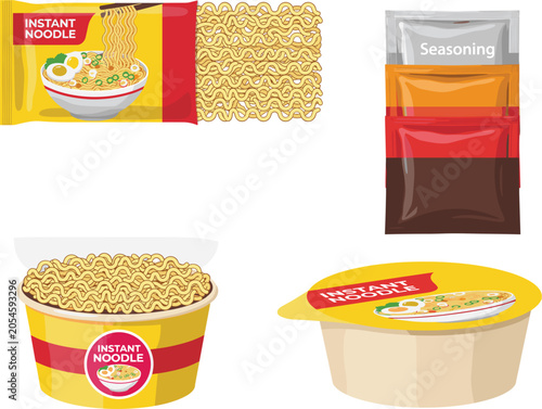 Instant ramen noodles packaging mockups set with seasoning packets, asian food product template vector illustration