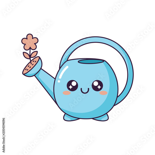 Cute cartoon blue watering can character.