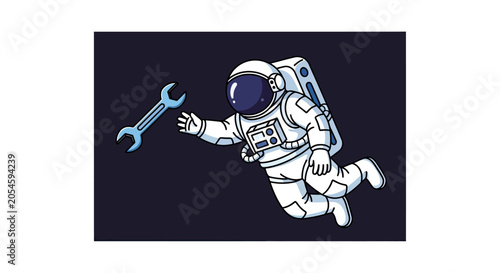Astronaut floating in space reaching for a flying wrench.