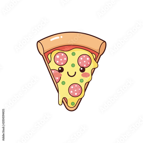 Smiling cartoon pizza slice with toppings.