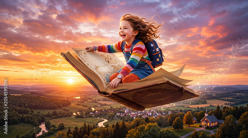 Magical Journey on a Flying Book: A young girl with a backpack embarks on a fantastical adventure, riding an open book soaring through a vibrant sunset sky above a scenic landscape.