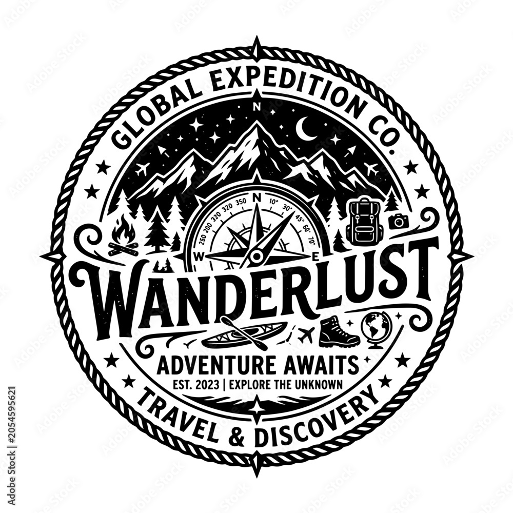 Fototapeta premium Vintage Wanderlust Compass Badge with Mountains and Expedition Elements