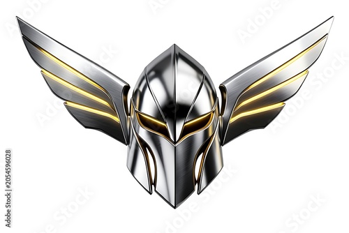 Spartan warrior helmet icon with sharp metallic silver and gold wings