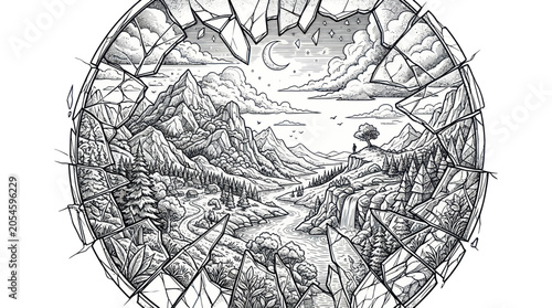Canvas-taulu Majestic mountain landscape seen through shattered circular glass