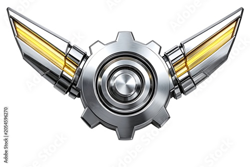 Technical gear mechanism logo with silver and gold metallic wings
