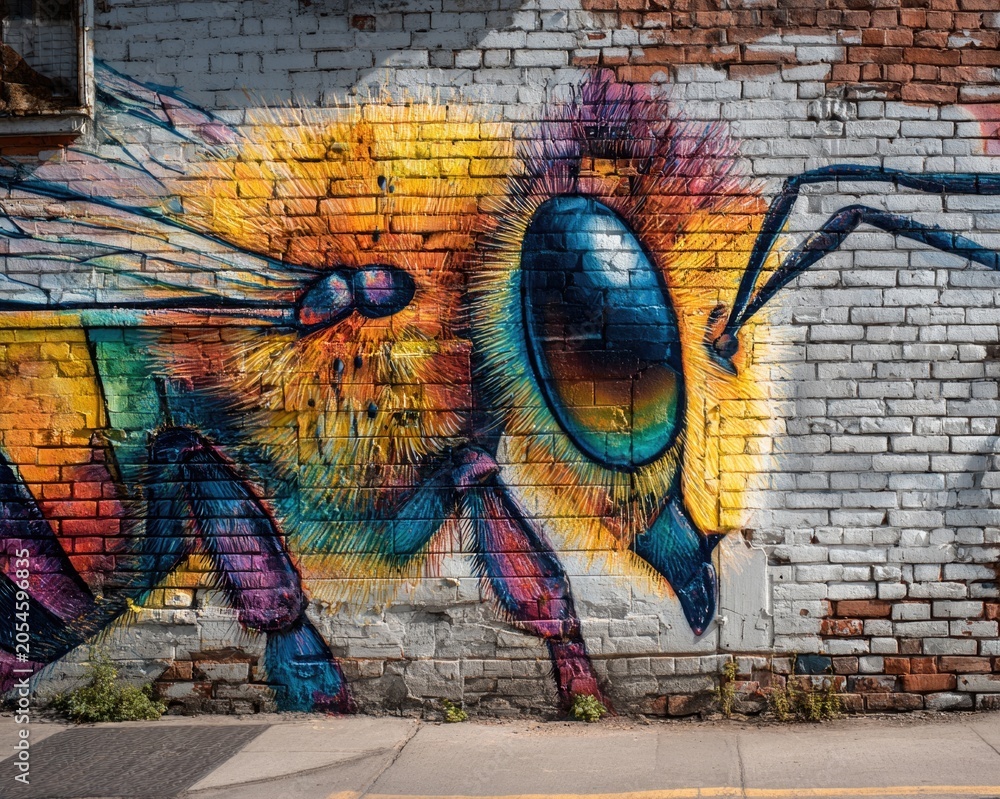 Fototapeta premium A colorful mural of a bee painted on a brick wall in a city, street art style, with a real bee landing near the painted eye, urban nature fusion, daylight