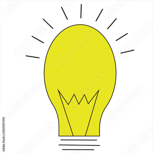 Simple vector illustration of a burning yellow light bulb with glowing lines around it, symbolizing ideas, creativity and innovation in minimal clip art stylet