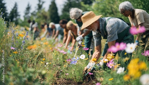 A diverse group of volunteers planting wildflowers in a community garden to help bees, teamwork, environmental activism, bright sunny day, candid shot