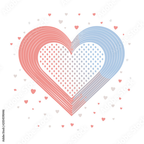 Pink and blue heart with small hearts on white background