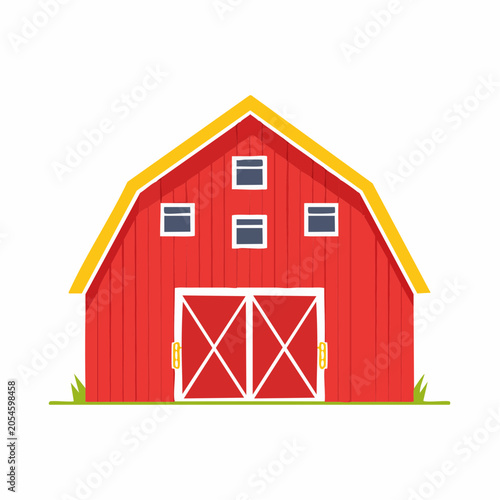 Red Barn with Yellow Roof and White Doors