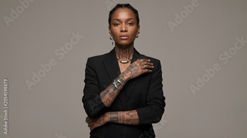 A stylish woman with braided hair and extensive tattoos on her neck and arms, wearing a black blazer and jewelry, looking directly at the camera with a serious expression.