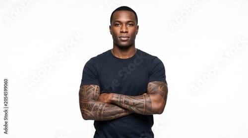 A confident African American man with tattooed arms stands with a serious expression against a clean white background in a studio portrait.
