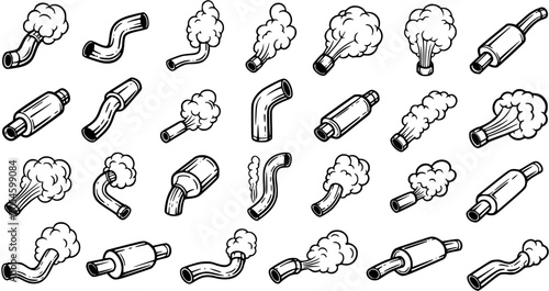 Foto Automotive Exhaust Pipes and Mufflers Black and White Line Art Set with Smoke Emissions