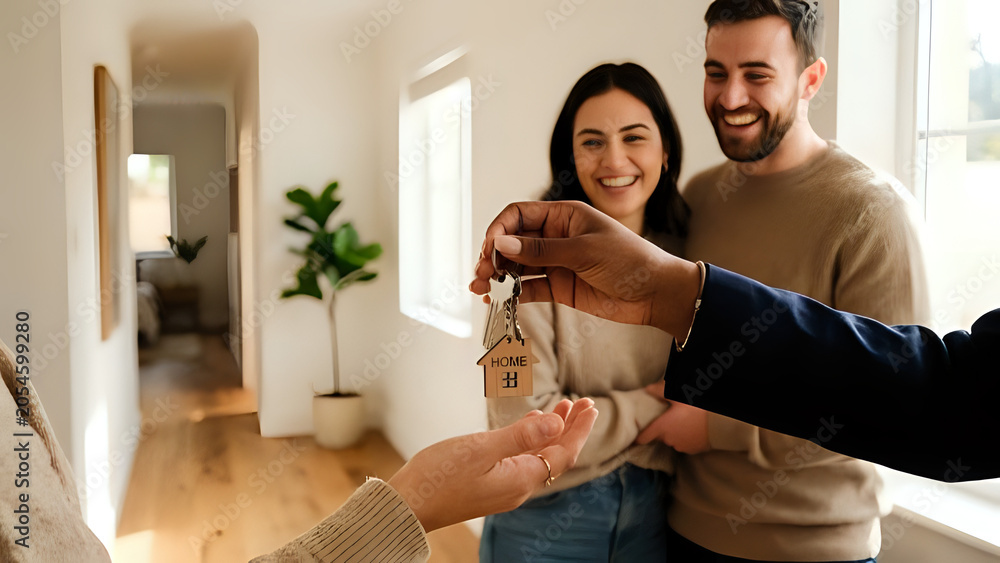 Fototapeta premium A real estate agent handing over the keys to a new home to a happy young couple in their new house