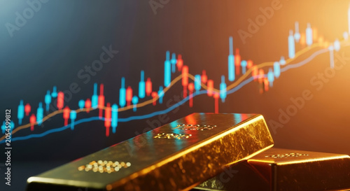 Gold bars resting on table surface with blurred digital stock trading candlestick chart background illustrating financial market growth and investment data.