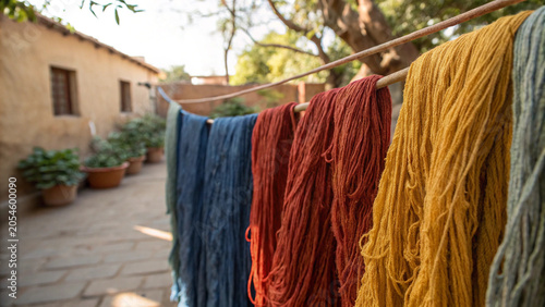 Dyed Yarn Drying on a Clothesline