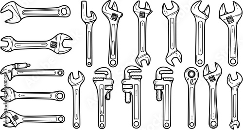 Photography Hand-Drawn Black and White Line Art Set of Wrenches and Spanners, Essential Hand Tools for Construction, Automotive, Industrial, and DIY Repair