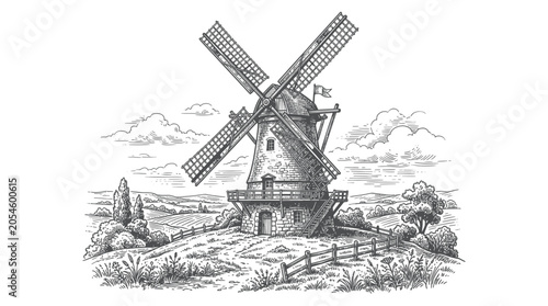 Vintage stone windmill on a hill with rural landscape