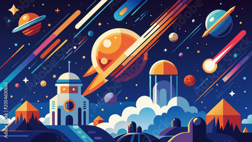 Futuristic space colony landscape with orbiting planets and starry night sky futuristic astronomy exploration landscape adventure technology universe background celestial discovery infinite