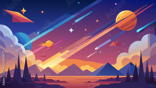 Cosmic sunset landscape with glowing meteors and distant mountains landscape mountains astronomy universe celestial adventure background dramatic exploration silhouette illustration