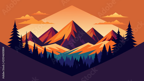Sunset mountain landscape with pine forest silhouette and golden sky mountain landscape silhouette wilderness adventure outdoors illustration minimalist environment coniferous atmospheric