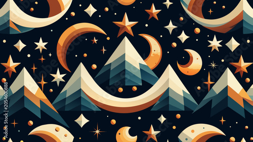 Abstract seamless background with stylized mountains moons and stars abstract mountain seamless background crescent geometric stylized illustration wallpaper repeating celestial astronomy