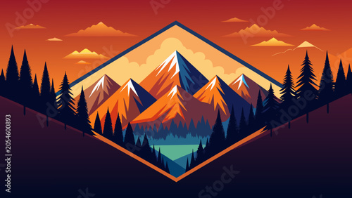 Stylized mountain landscape with pine forest silhouette at sunset mountain landscape adventure illustration wilderness silhouette background wallpaper minimalist geometric climbing