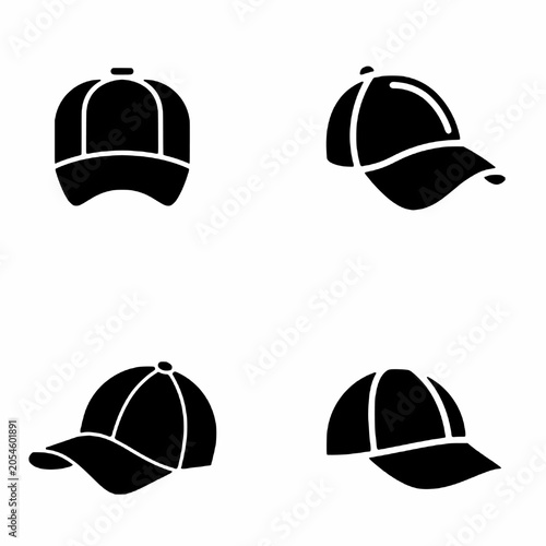 Baseball cap silhouette icon set vector. Black solid sport hat, snapback, and casual headwear collection