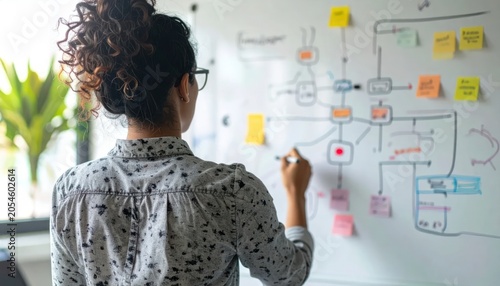 A woman with glasses and curly hair draws on a whiteboard with sticky notes