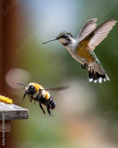 A high-speed photo of a bee and a hummingbird hovering near the same feeder, competing for nectar, dynamic action, blurred background, wildlife photography