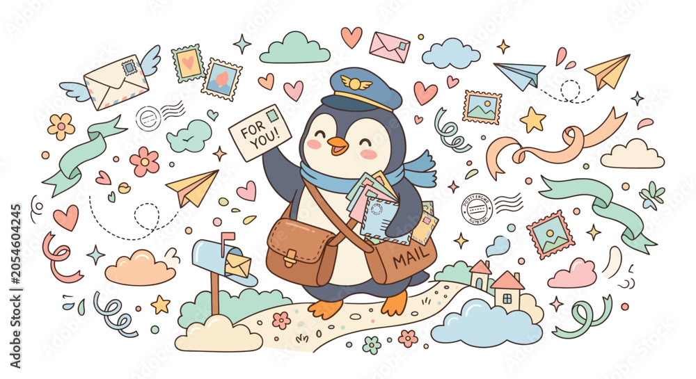 Fototapeta premium Cute Penguin Mail Carrier Character with Letter Doodles Vector Art