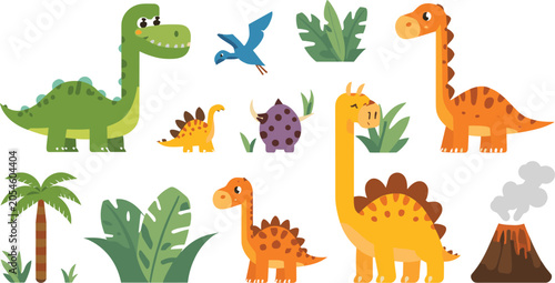 Obraz na płótnie Cute Dinosaur Cartoon Collection Featuring Brontosaurus Stegosaurus Triceratops