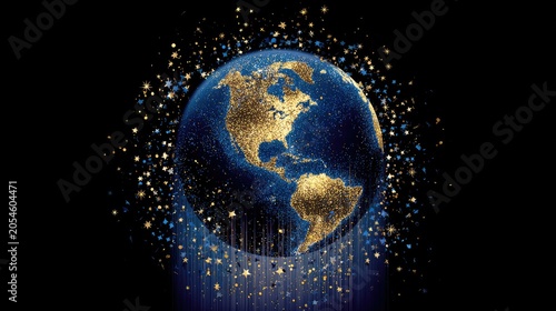 Glistening planet with a shower of gold and blue stars, against a dark background