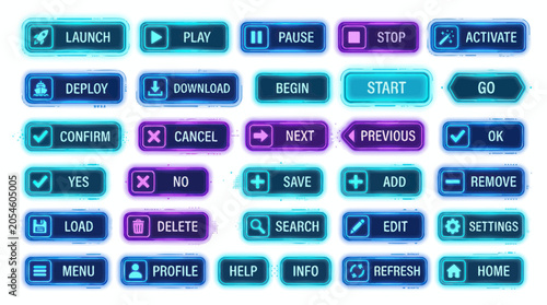 Futuristic glowing neon user interface buttons for gaming and apps