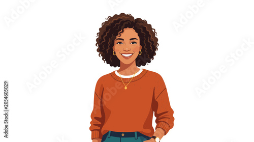 Smiling young black woman with curly hair in a casual orange sweater