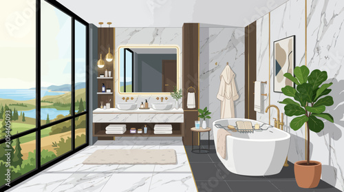 Fotografie Modern luxury bathroom interior with marble walls and scenic view