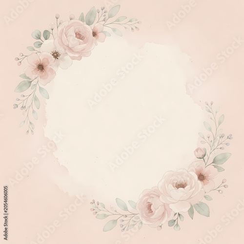 A beautiful floral wreath with roses, leaves, and flowers on a soft pink background for decoration.