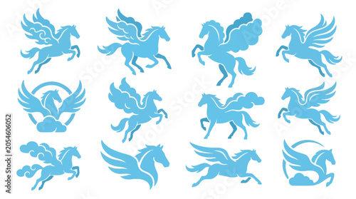 Foto Collection of stylized blue pegasus horse silhouettes with wings in various dynamic poses, representing mythology and fantasy