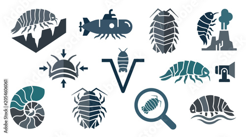 Fotografie Collection of stylized icons representing isopods and related concepts, including submarines, fossils, and industrial elements