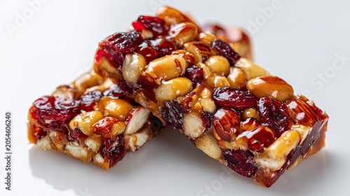 Chewy bars packed with nuts, seeds, and dried fruit on a white background