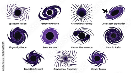 Quadro su tela Collection of stylized black hole and galaxy illustrations with descriptive labels