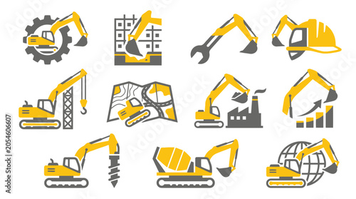 Photography Collection of yellow construction equipment icons and symbols representing various aspects of building and industry