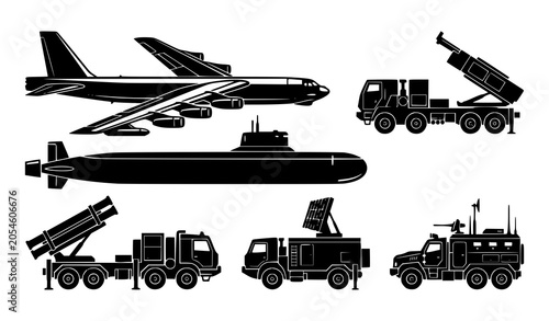 Cuadro en lienzo Modern Military Defense Systems Vector Set with Bomber Aircraft Submarine and Mi