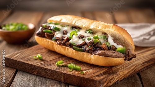 Hearty steak and cheese sandwich with melted cheese and peppers