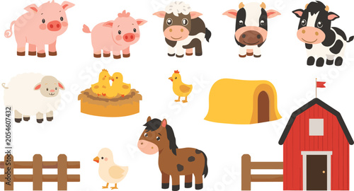 Foto Cute Farm Animal Cartoon Collection Featuring Pig Cow Sheep Horse Chick Duck and