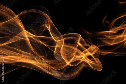 Glowing golden wisps of smoke or light flow across a black background