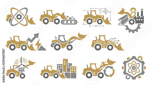 Schilderij op canvas Set of icons representing construction vehicles and industrial concepts, including excavators, gears, and abstract symbols